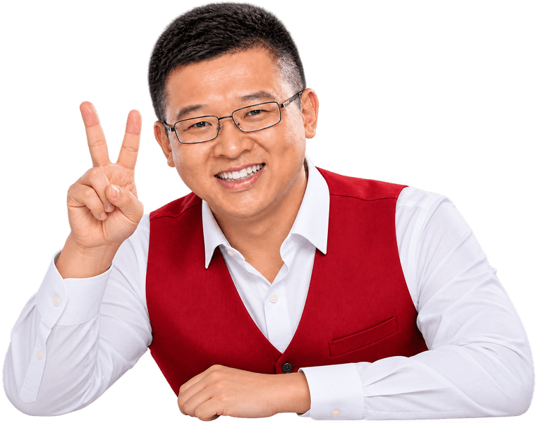 Ian Gong, smiling and holding up a peace sign