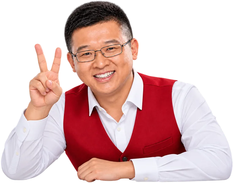 Ian Gong, smiling and holding up a peace sign