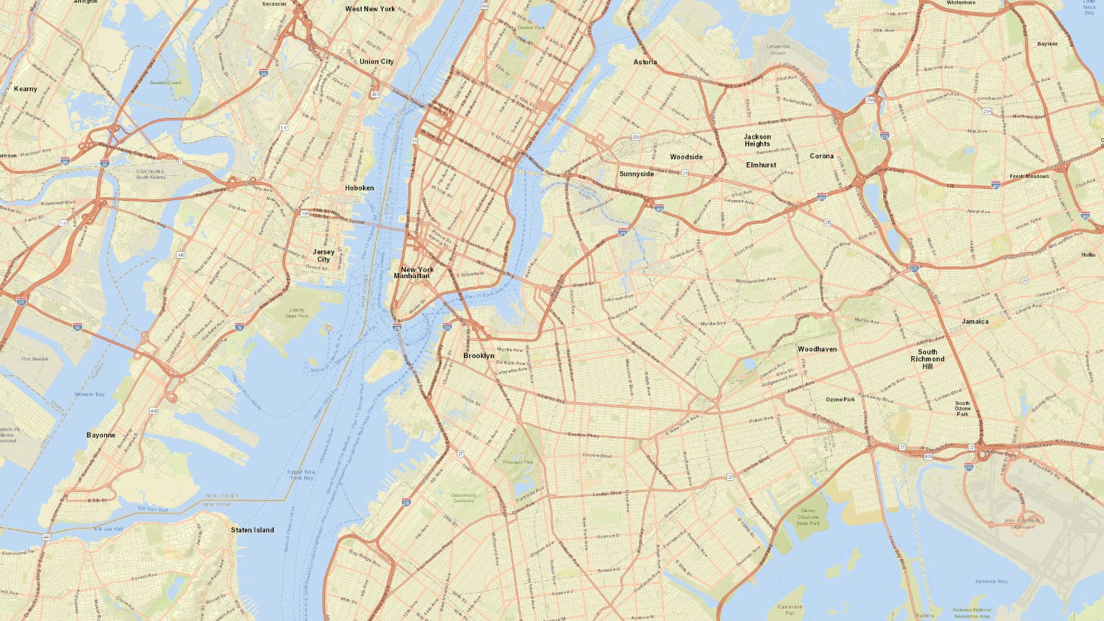 Street map of Manhattan, Brooklyn, and Queens
