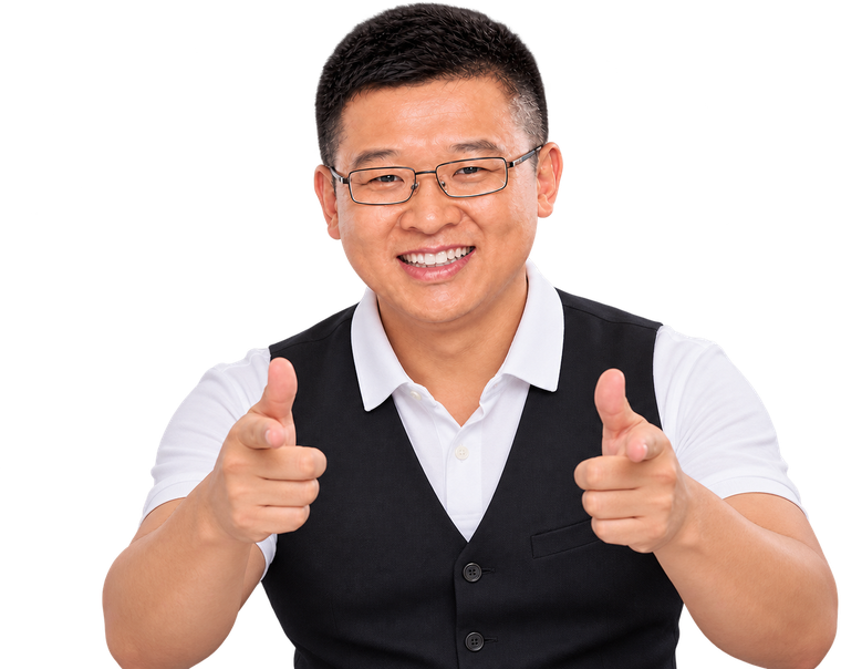 Ian Gong, smiling and pointing at you with both hands